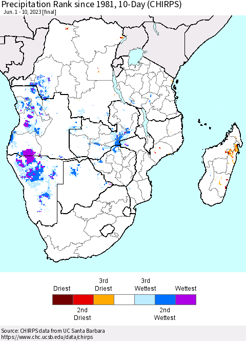 Southern Africa Precipitation Rank since 1981, 10-Day (CHIRPS) Thematic Map For 6/1/2023 - 6/10/2023