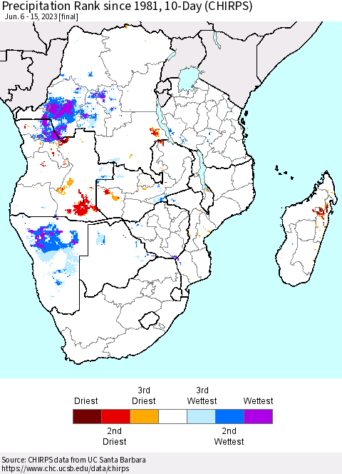 Southern Africa Precipitation Rank since 1981, 10-Day (CHIRPS) Thematic Map For 6/6/2023 - 6/15/2023
