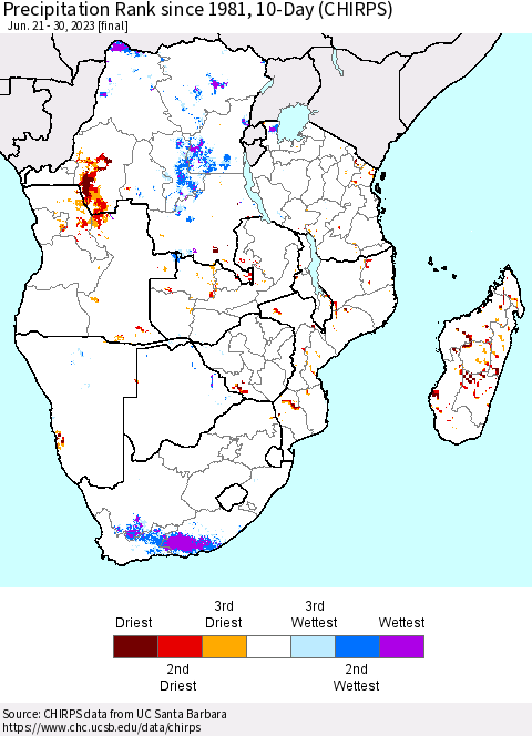 Southern Africa Precipitation Rank since 1981, 10-Day (CHIRPS) Thematic Map For 6/21/2023 - 6/30/2023