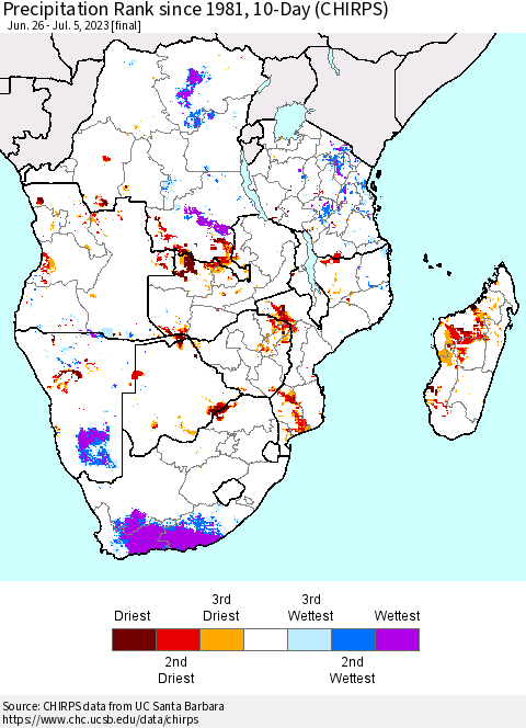Southern Africa Precipitation Rank since 1981, 10-Day (CHIRPS) Thematic Map For 6/26/2023 - 7/5/2023