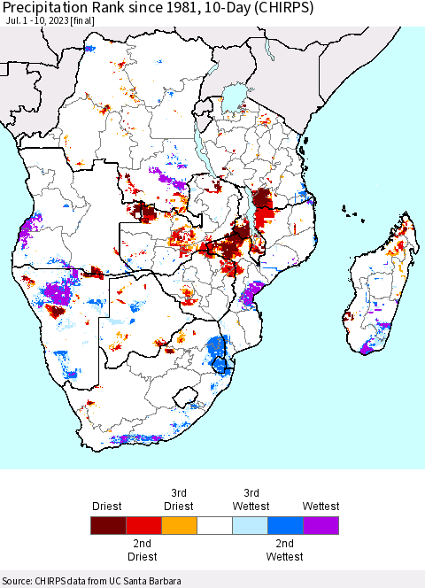 Southern Africa Precipitation Rank since 1981, 10-Day (CHIRPS) Thematic Map For 7/1/2023 - 7/10/2023