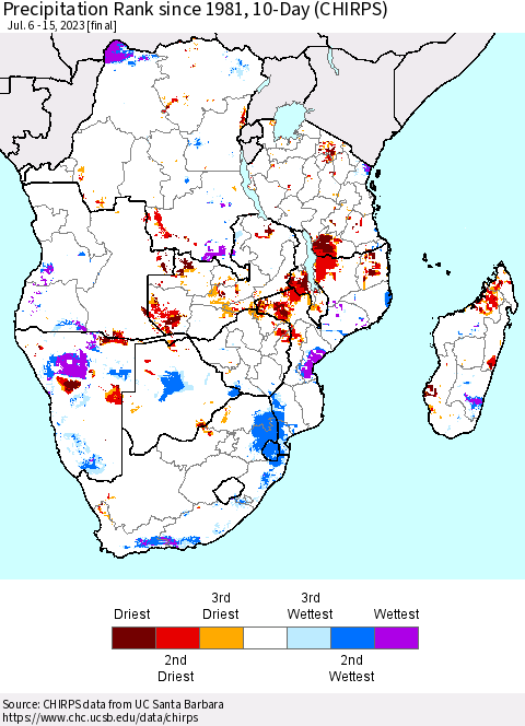 Southern Africa Precipitation Rank since 1981, 10-Day (CHIRPS) Thematic Map For 7/6/2023 - 7/15/2023