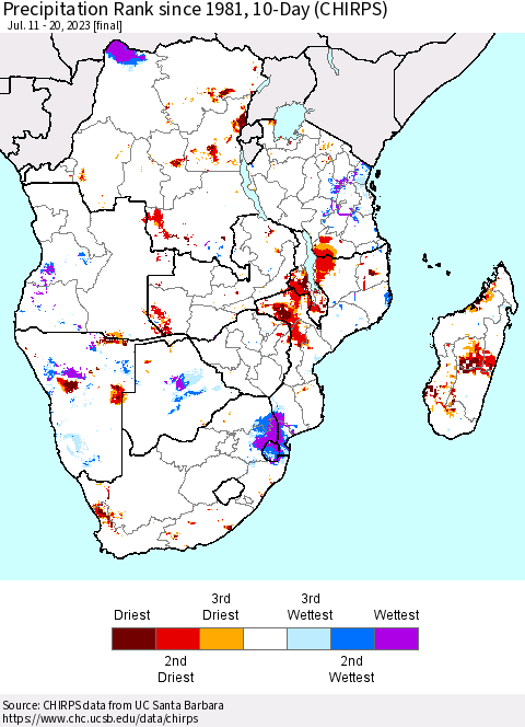 Southern Africa Precipitation Rank since 1981, 10-Day (CHIRPS) Thematic Map For 7/11/2023 - 7/20/2023