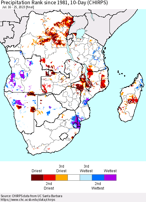 Southern Africa Precipitation Rank since 1981, 10-Day (CHIRPS) Thematic Map For 7/16/2023 - 7/25/2023