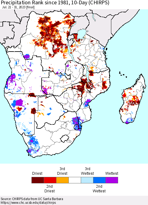 Southern Africa Precipitation Rank since 1981, 10-Day (CHIRPS) Thematic Map For 7/21/2023 - 7/31/2023