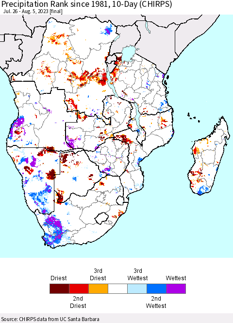 Southern Africa Precipitation Rank since 1981, 10-Day (CHIRPS) Thematic Map For 7/26/2023 - 8/5/2023