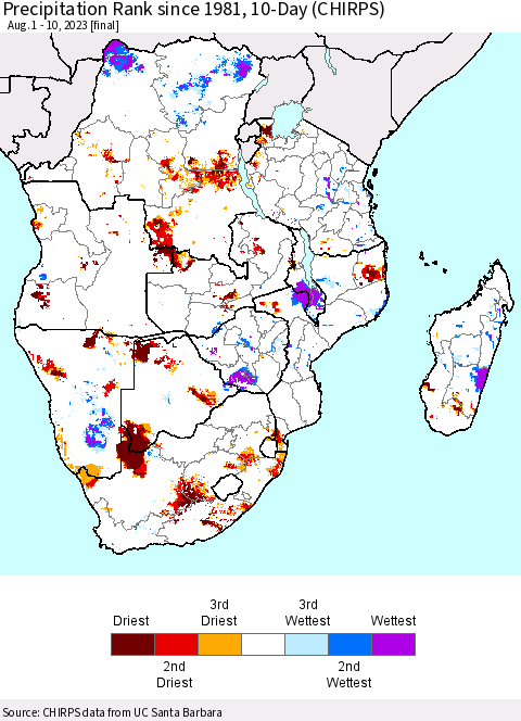Southern Africa Precipitation Rank since 1981, 10-Day (CHIRPS) Thematic Map For 8/1/2023 - 8/10/2023
