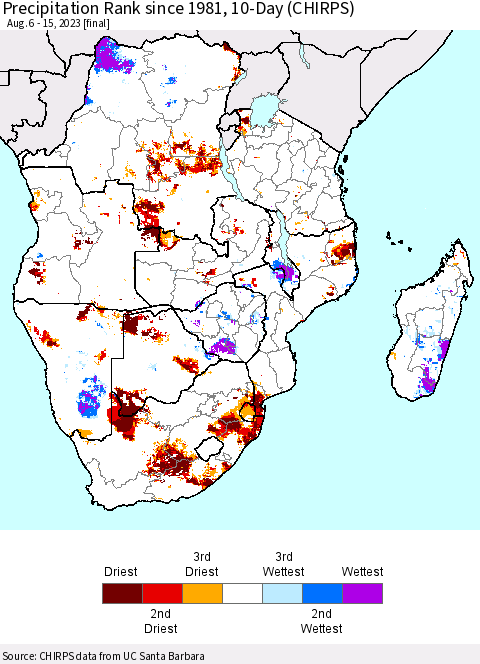 Southern Africa Precipitation Rank since 1981, 10-Day (CHIRPS) Thematic Map For 8/6/2023 - 8/15/2023