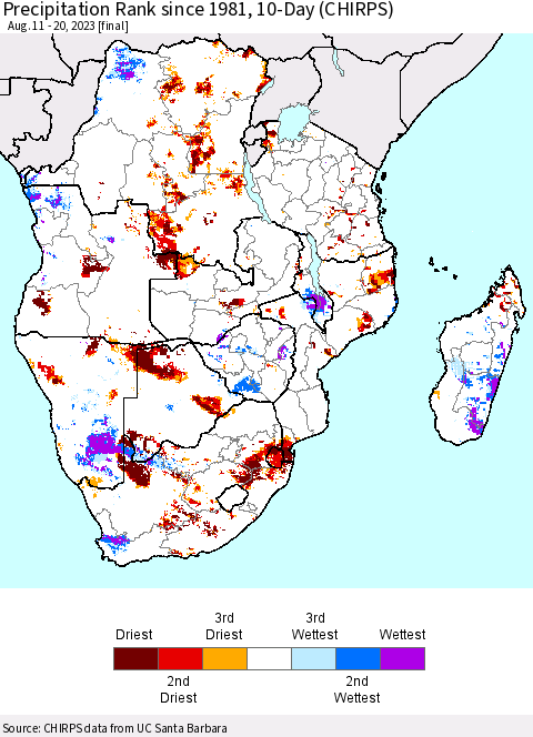 Southern Africa Precipitation Rank since 1981, 10-Day (CHIRPS) Thematic Map For 8/11/2023 - 8/20/2023