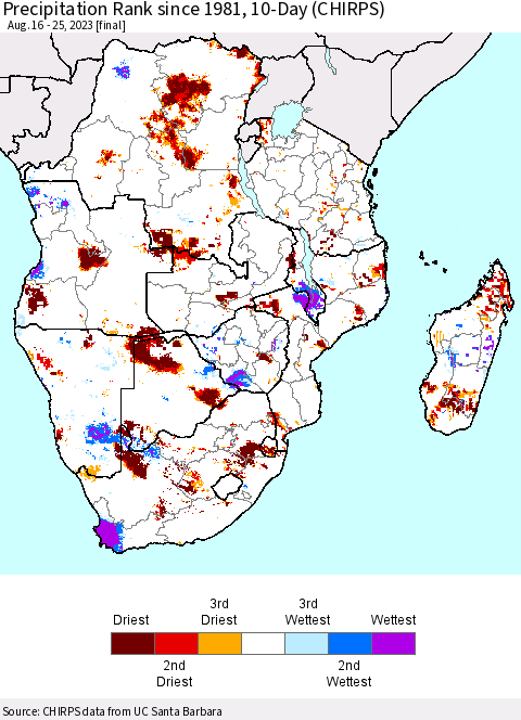 Southern Africa Precipitation Rank since 1981, 10-Day (CHIRPS) Thematic Map For 8/16/2023 - 8/25/2023