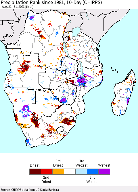 Southern Africa Precipitation Rank since 1981, 10-Day (CHIRPS) Thematic Map For 8/21/2023 - 8/31/2023
