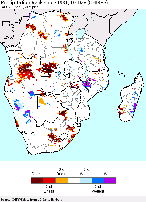 Southern Africa Precipitation Rank since 1981, 10-Day (CHIRPS) Thematic Map For 8/26/2023 - 9/5/2023