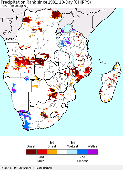 Southern Africa Precipitation Rank since 1981, 10-Day (CHIRPS) Thematic Map For 9/1/2023 - 9/10/2023