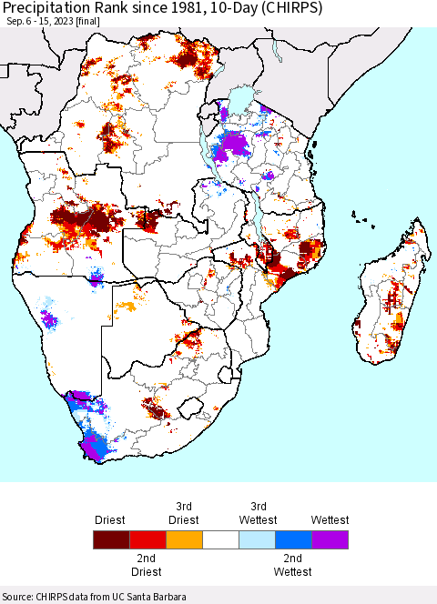Southern Africa Precipitation Rank since 1981, 10-Day (CHIRPS) Thematic Map For 9/6/2023 - 9/15/2023