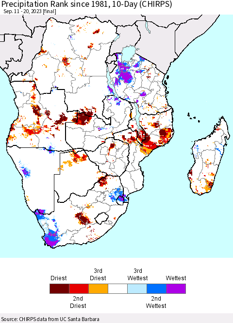 Southern Africa Precipitation Rank since 1981, 10-Day (CHIRPS) Thematic Map For 9/11/2023 - 9/20/2023
