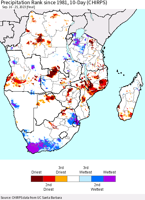 Southern Africa Precipitation Rank since 1981, 10-Day (CHIRPS) Thematic Map For 9/16/2023 - 9/25/2023