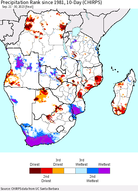 Southern Africa Precipitation Rank since 1981, 10-Day (CHIRPS) Thematic Map For 9/21/2023 - 9/30/2023