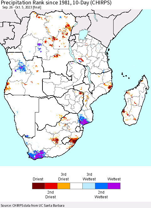 Southern Africa Precipitation Rank since 1981, 10-Day (CHIRPS) Thematic Map For 9/26/2023 - 10/5/2023