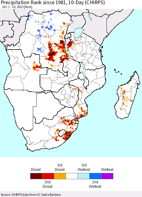 Southern Africa Precipitation Rank since 1981, 10-Day (CHIRPS) Thematic Map For 10/1/2023 - 10/10/2023