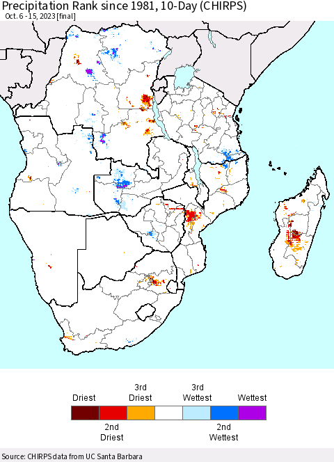 Southern Africa Precipitation Rank since 1981, 10-Day (CHIRPS) Thematic Map For 10/6/2023 - 10/15/2023