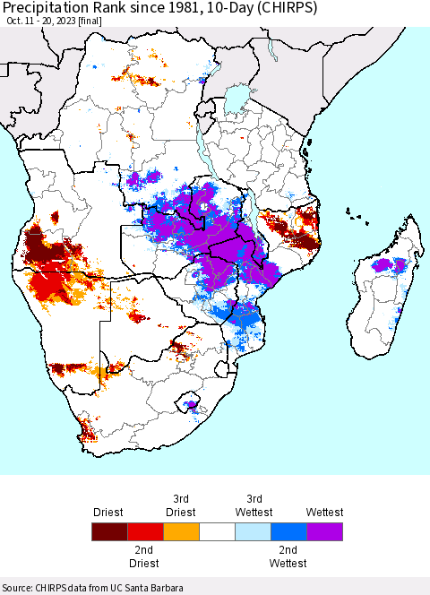 Southern Africa Precipitation Rank since 1981, 10-Day (CHIRPS) Thematic Map For 10/11/2023 - 10/20/2023