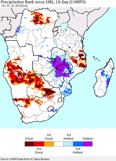 Southern Africa Precipitation Rank since 1981, 10-Day (CHIRPS) Thematic Map For 10/16/2023 - 10/25/2023