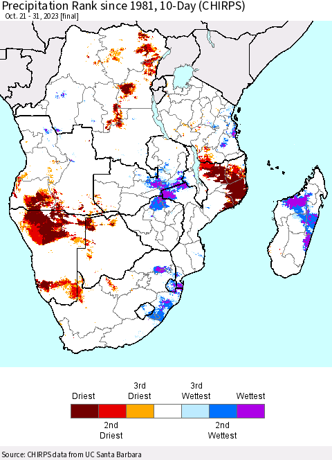 Southern Africa Precipitation Rank since 1981, 10-Day (CHIRPS) Thematic Map For 10/21/2023 - 10/31/2023