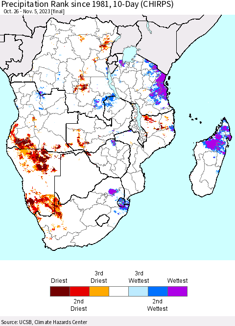 Southern Africa Precipitation Rank since 1981, 10-Day (CHIRPS) Thematic Map For 10/26/2023 - 11/5/2023