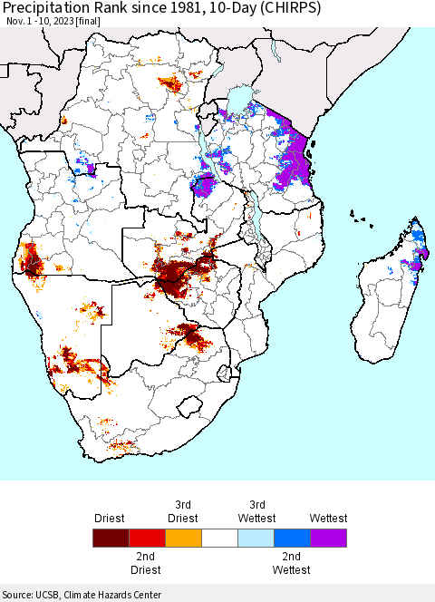 Southern Africa Precipitation Rank since 1981, 10-Day (CHIRPS) Thematic Map For 11/1/2023 - 11/10/2023