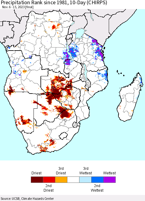 Southern Africa Precipitation Rank since 1981, 10-Day (CHIRPS) Thematic Map For 11/6/2023 - 11/15/2023