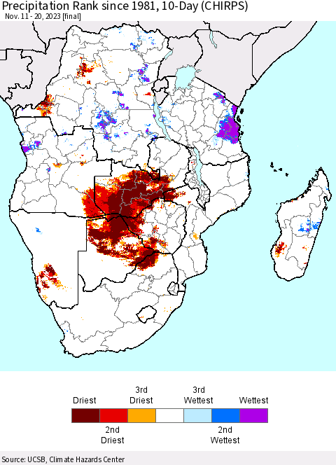 Southern Africa Precipitation Rank since 1981, 10-Day (CHIRPS) Thematic Map For 11/11/2023 - 11/20/2023