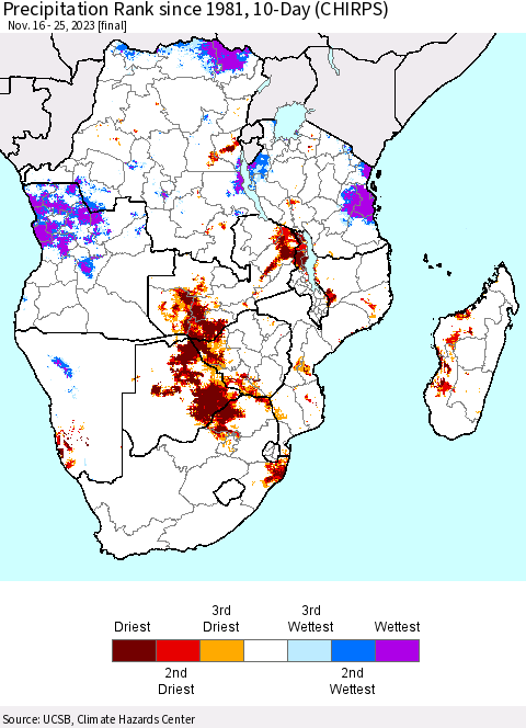 Southern Africa Precipitation Rank since 1981, 10-Day (CHIRPS) Thematic Map For 11/16/2023 - 11/25/2023