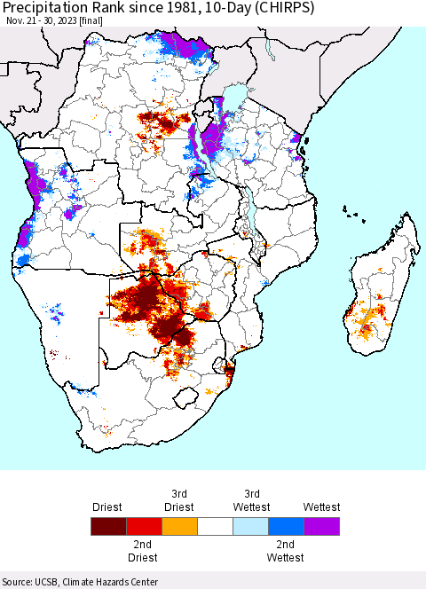 Southern Africa Precipitation Rank since 1981, 10-Day (CHIRPS) Thematic Map For 11/21/2023 - 11/30/2023