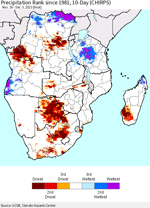 Southern Africa Precipitation Rank since 1981, 10-Day (CHIRPS) Thematic Map For 11/26/2023 - 12/5/2023