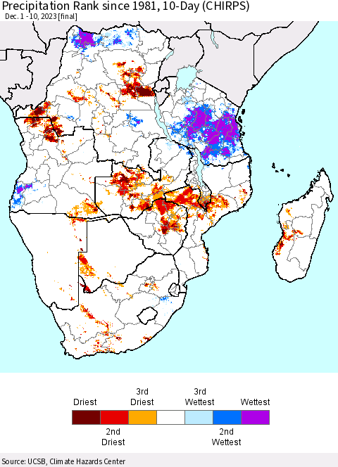 Southern Africa Precipitation Rank since 1981, 10-Day (CHIRPS) Thematic Map For 12/1/2023 - 12/10/2023