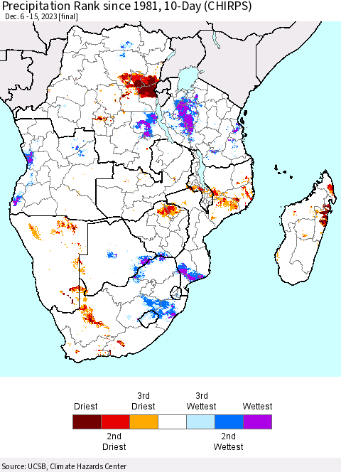 Southern Africa Precipitation Rank since 1981, 10-Day (CHIRPS) Thematic Map For 12/6/2023 - 12/15/2023