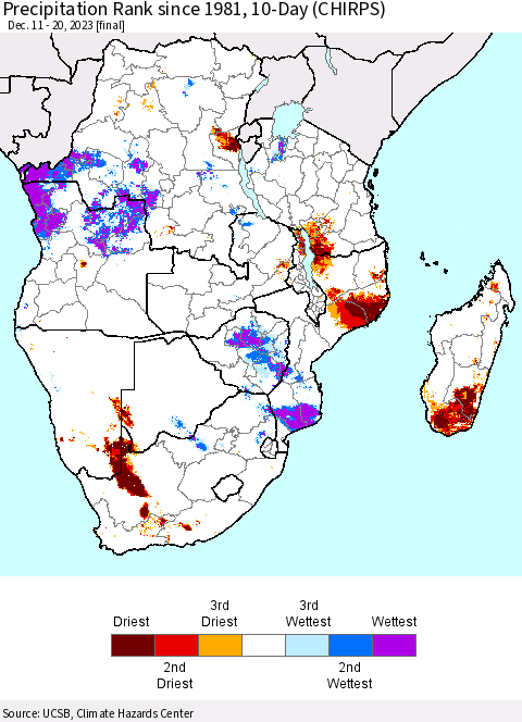 Southern Africa Precipitation Rank since 1981, 10-Day (CHIRPS) Thematic Map For 12/11/2023 - 12/20/2023