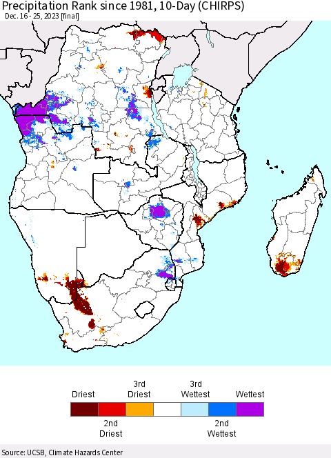 Southern Africa Precipitation Rank since 1981, 10-Day (CHIRPS) Thematic Map For 12/16/2023 - 12/25/2023