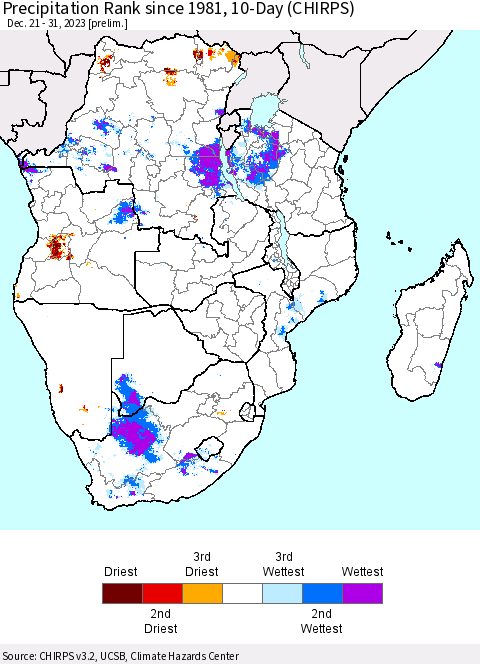 Southern Africa Precipitation Rank since 1981, 10-Day (CHIRPS) Thematic Map For 12/21/2023 - 12/31/2023