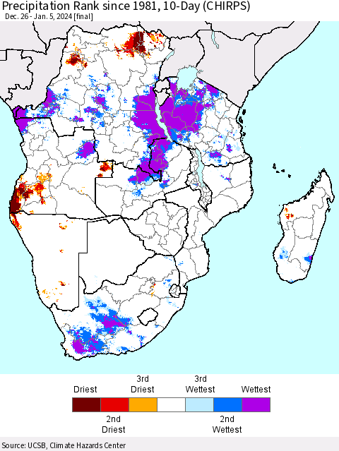 Southern Africa Precipitation Rank since 1981, 10-Day (CHIRPS) Thematic Map For 12/26/2023 - 1/5/2024