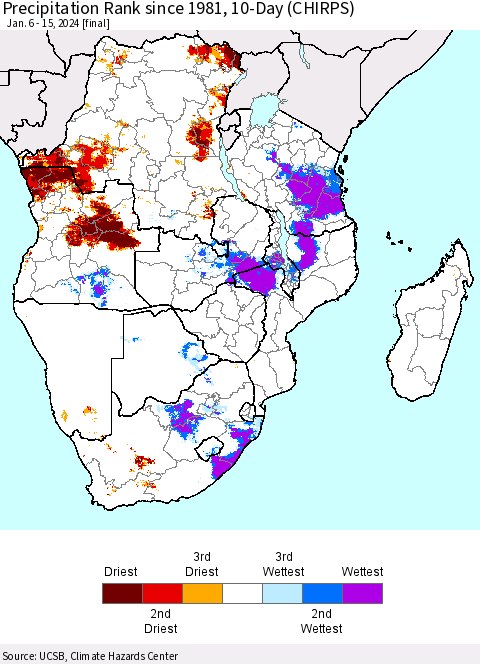 Southern Africa Precipitation Rank since 1981, 10-Day (CHIRPS) Thematic Map For 1/6/2024 - 1/15/2024