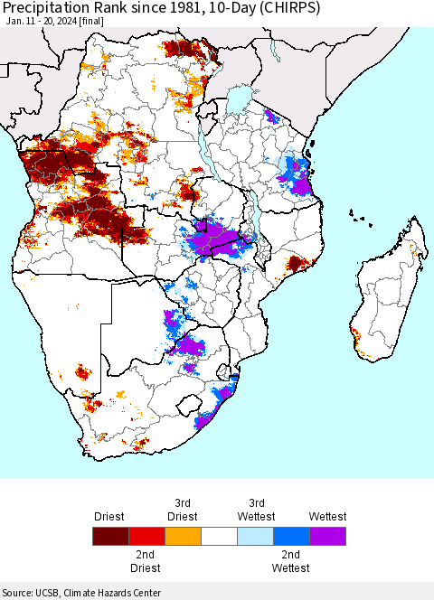 Southern Africa Precipitation Rank since 1981, 10-Day (CHIRPS) Thematic Map For 1/11/2024 - 1/20/2024