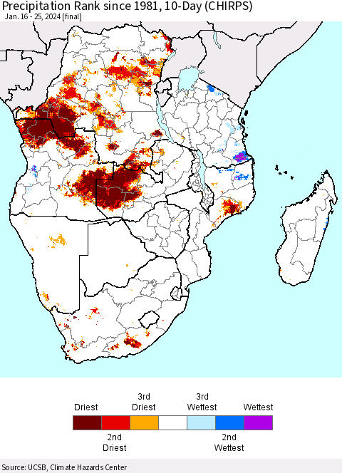 Southern Africa Precipitation Rank since 1981, 10-Day (CHIRPS) Thematic Map For 1/16/2024 - 1/25/2024