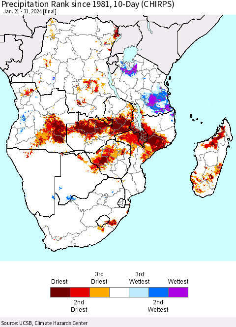 Southern Africa Precipitation Rank since 1981, 10-Day (CHIRPS) Thematic Map For 1/21/2024 - 1/31/2024