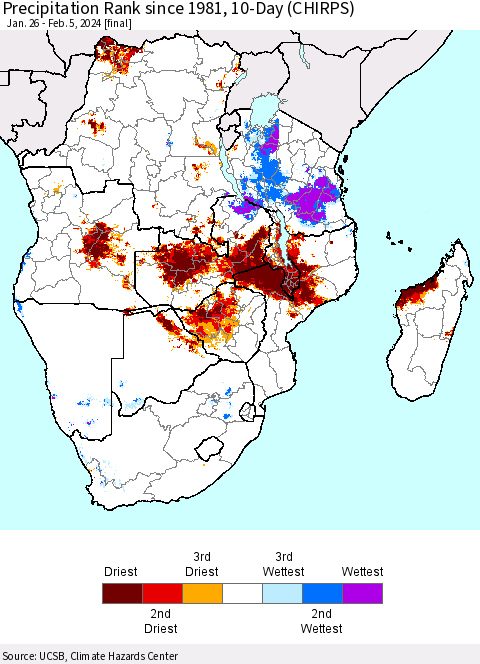 Southern Africa Precipitation Rank since 1981, 10-Day (CHIRPS) Thematic Map For 1/26/2024 - 2/5/2024