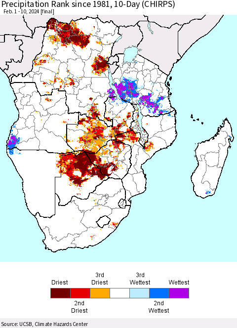 Southern Africa Precipitation Rank since 1981, 10-Day (CHIRPS) Thematic Map For 2/1/2024 - 2/10/2024