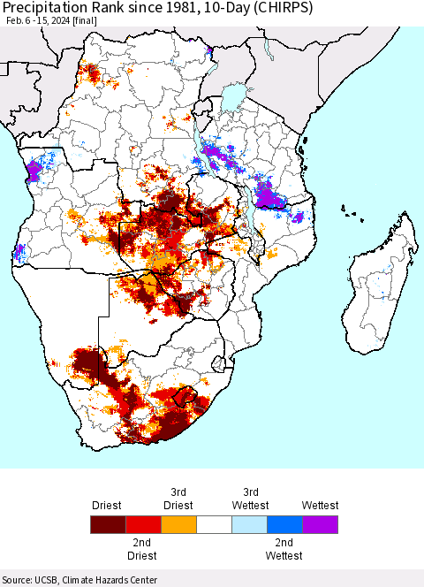 Southern Africa Precipitation Rank since 1981, 10-Day (CHIRPS) Thematic Map For 2/6/2024 - 2/15/2024