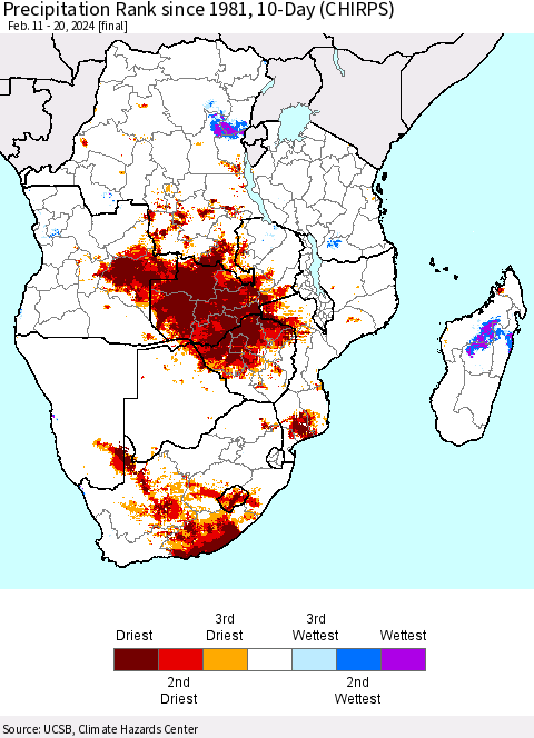 Southern Africa Precipitation Rank since 1981, 10-Day (CHIRPS) Thematic Map For 2/11/2024 - 2/20/2024