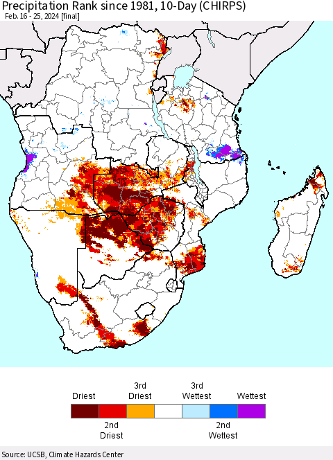 Southern Africa Precipitation Rank since 1981, 10-Day (CHIRPS) Thematic Map For 2/16/2024 - 2/25/2024