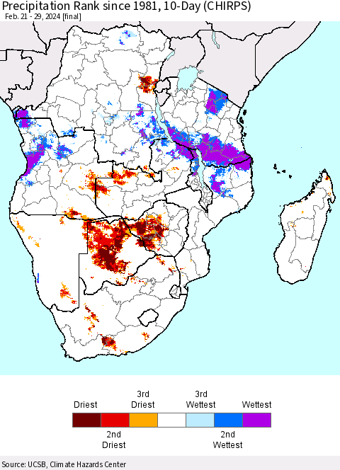 Southern Africa Precipitation Rank since 1981, 10-Day (CHIRPS) Thematic Map For 2/21/2024 - 2/29/2024